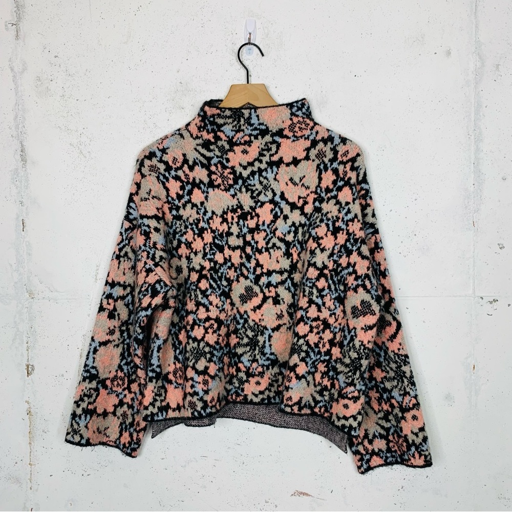 Zara Floral Jaquard Cowl Neck Bell Sleeve Blouse Knit Top